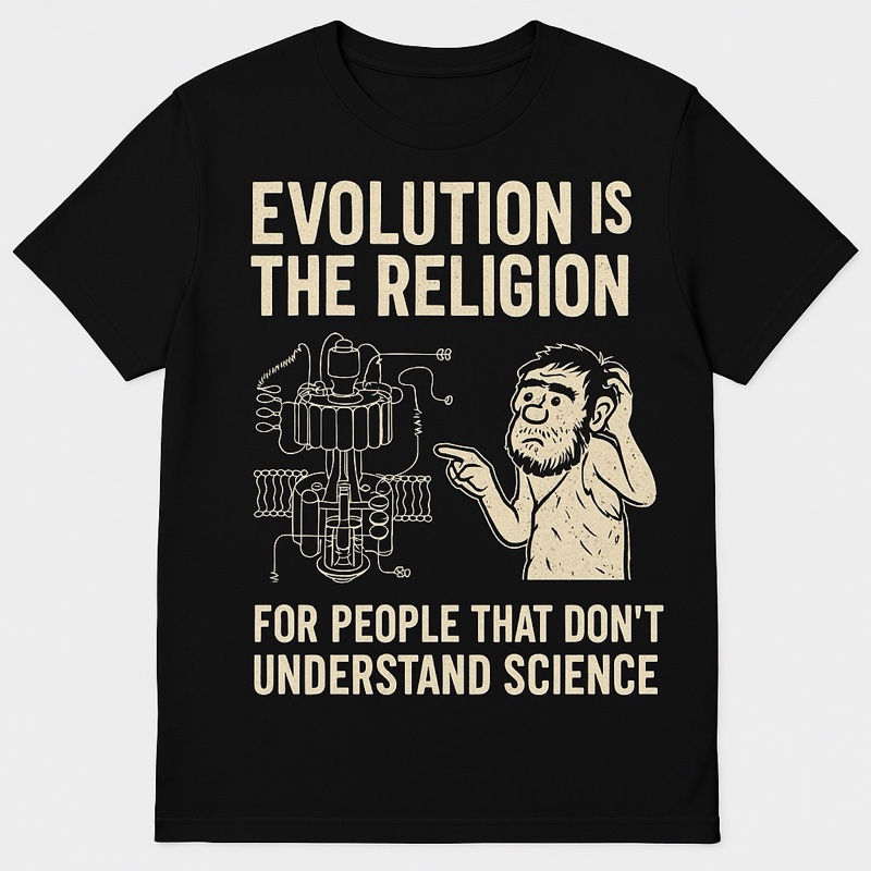 The Science Shirt, white tee with bold black text reading "Evolution is for people that don't understand science"