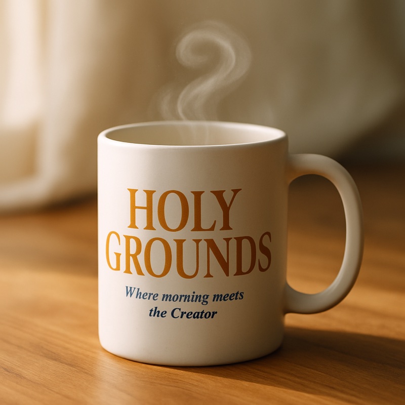 Holy Grounds mug on a quiet morning table