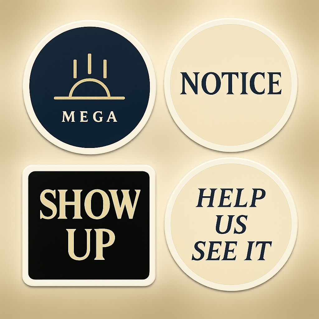 Four-sticker pack, MEGA sunrise, NOTICE, SHOW UP, HELP US SEE IT